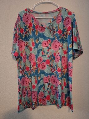 Floral V-Neck Women’s Top in Teal and Pink
